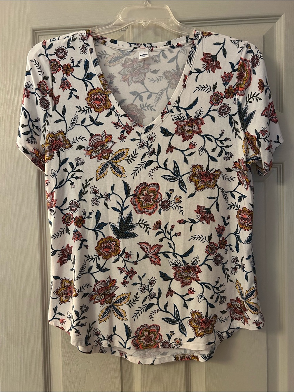 Old Navy White V-Neck Tee with Multicolor Floral Print